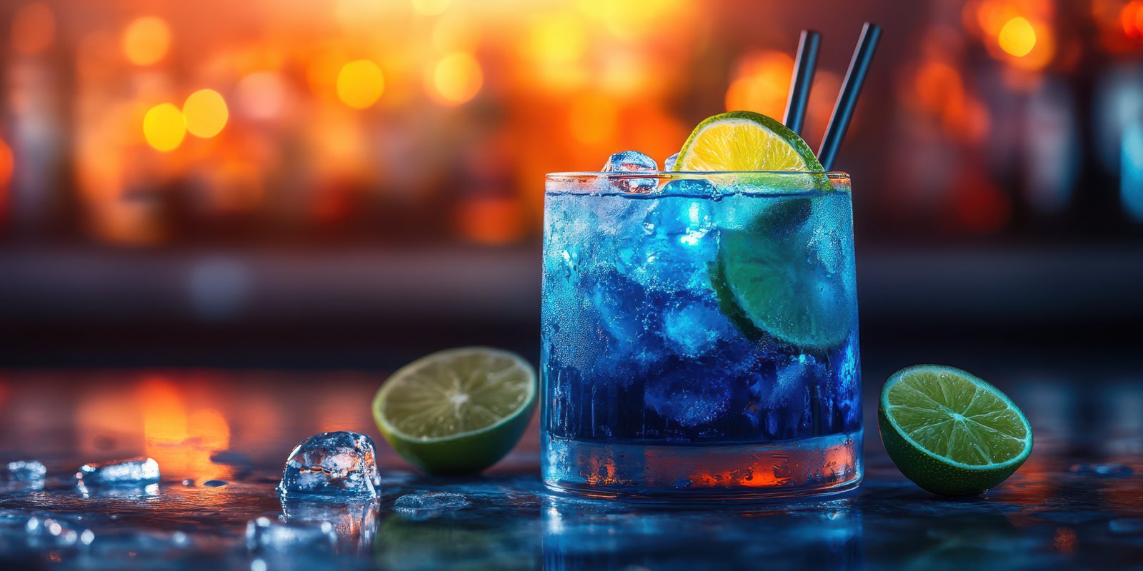 Refreshing blue cocktail with lime garnishes served at a lively bar during the night